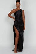 Ariel One-Shoulder Draped Satin Maxi Dress – Luxury Stretch Gown with Thigh Split | Effortless Elegance