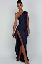 Ariel One-Shoulder Draped Satin Maxi Dress – Luxury Stretch Gown with Thigh Split | Effortless Elegance