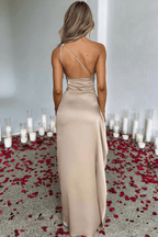 Ariel One-Shoulder Draped Satin Maxi Dress – Luxury Stretch Gown with Thigh Split | Effortless Elegance