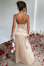 Ariel One-Shoulder Draped Satin Maxi Dress – Luxury Stretch Gown with Thigh Split | Effortless Elegance
