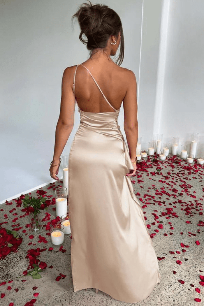 Ariel One-Shoulder Draped Satin Maxi Dress – Luxury Stretch Gown with Thigh Split | Effortless Elegance