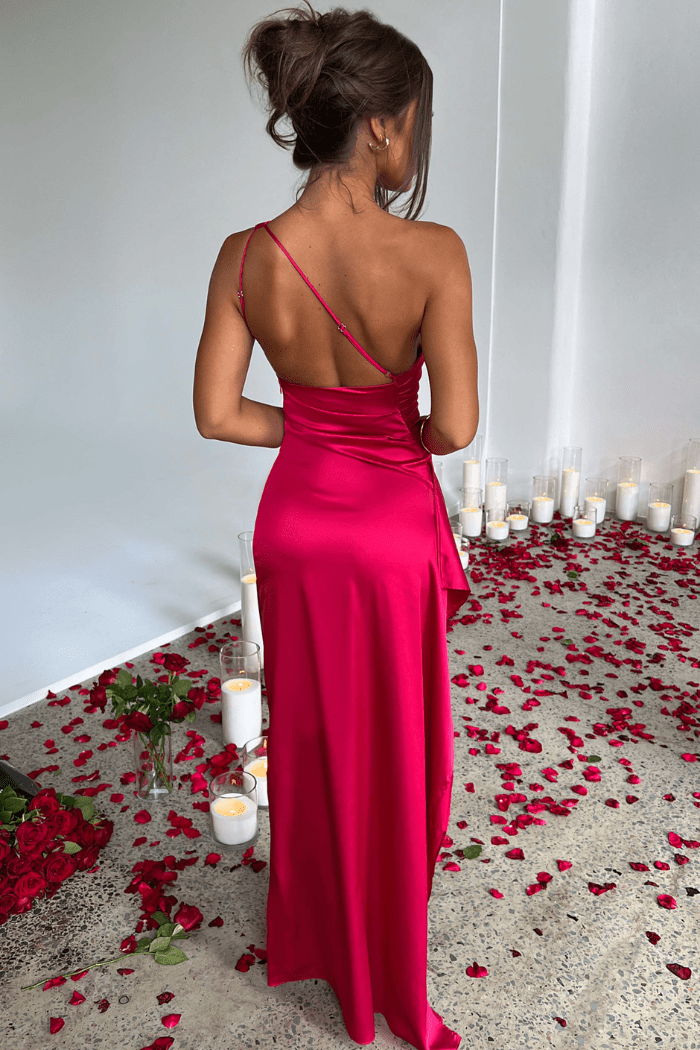 Ariel One-Shoulder Draped Satin Maxi Dress – Luxury Stretch Gown with Thigh Split | Effortless Elegance