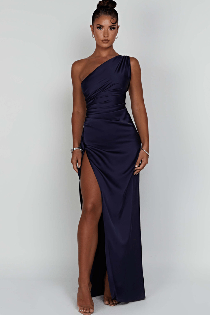 Ariel One-Shoulder Draped Satin Maxi Dress – Luxury Stretch Gown with Thigh Split | Effortless Elegance