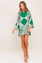 Women’s Printed Mini Dress – Round Neck Front Tie Bell Sleeve Tassel Dress