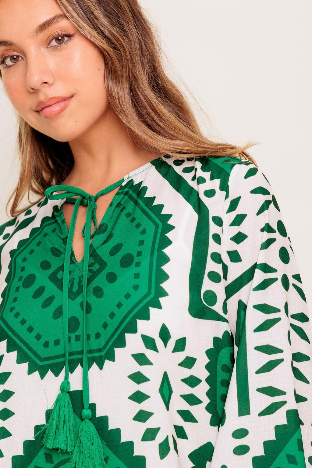 Women’s Printed Mini Dress – Round Neck Front Tie Bell Sleeve Tassel Dress