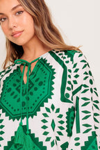 Women’s Printed Mini Dress – Round Neck Front Tie Bell Sleeve Tassel Dress