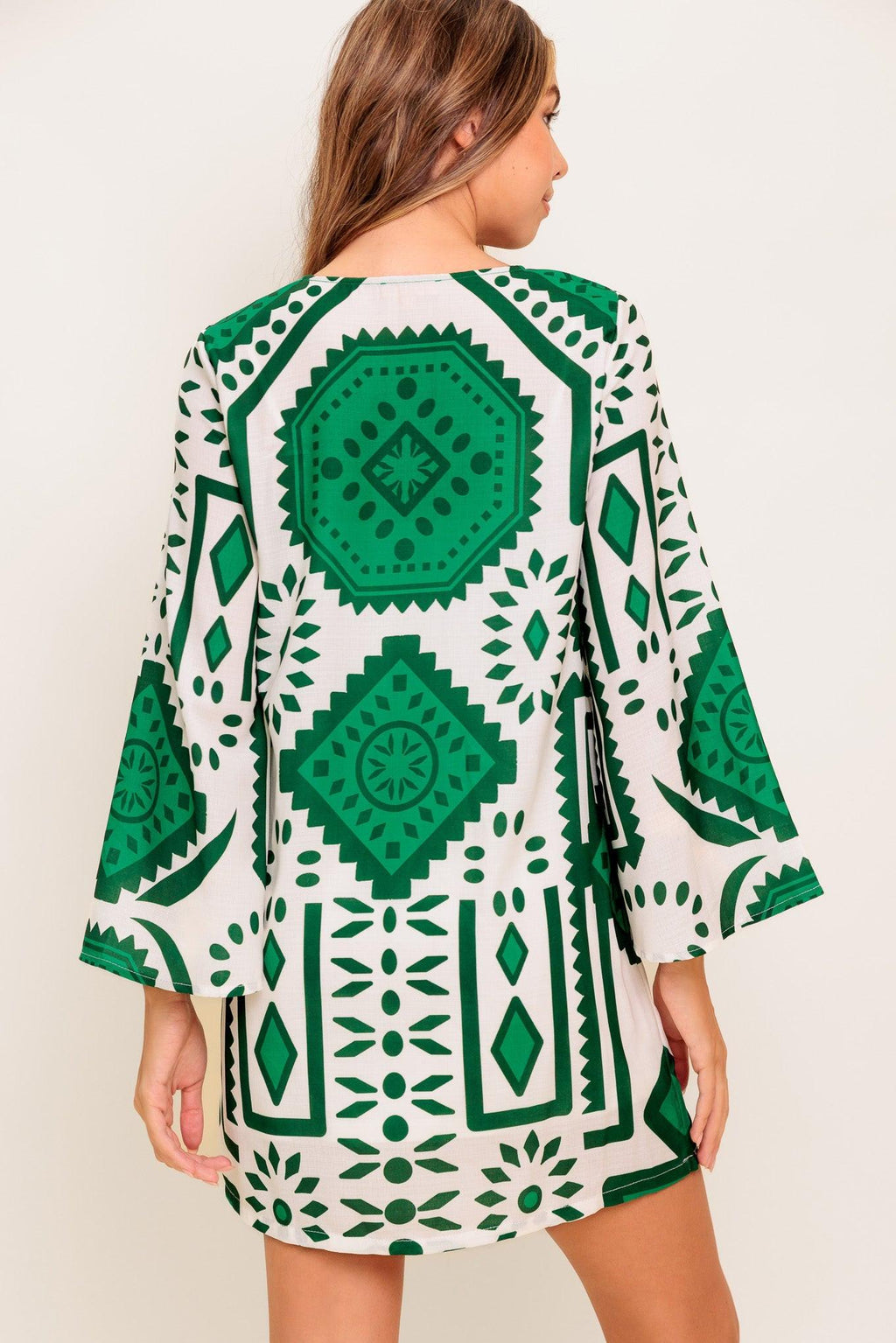 Women’s Printed Mini Dress – Round Neck Front Tie Bell Sleeve Tassel Dress