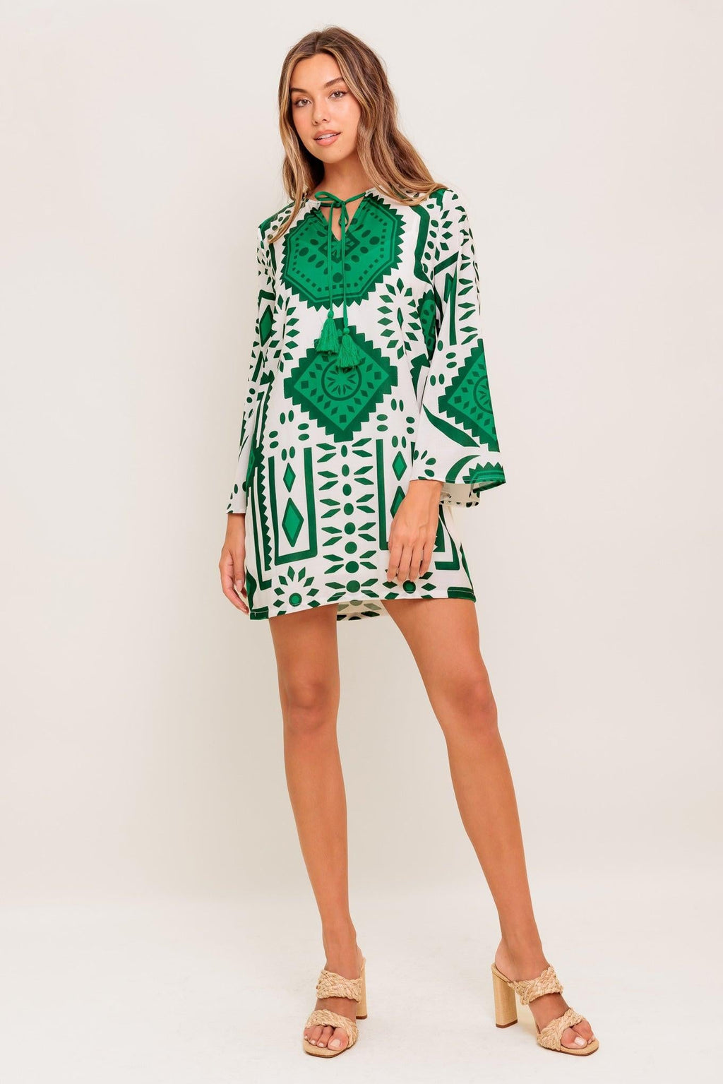 Women’s Printed Mini Dress – Round Neck Front Tie Bell Sleeve Tassel Dress