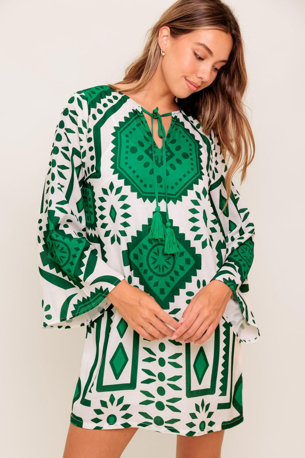 Women’s Printed Mini Dress – Round Neck Front Tie Bell Sleeve Tassel Dress