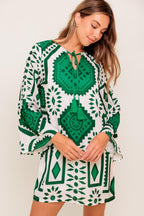 Women’s Printed Mini Dress – Round Neck Front Tie Bell Sleeve Tassel Dress