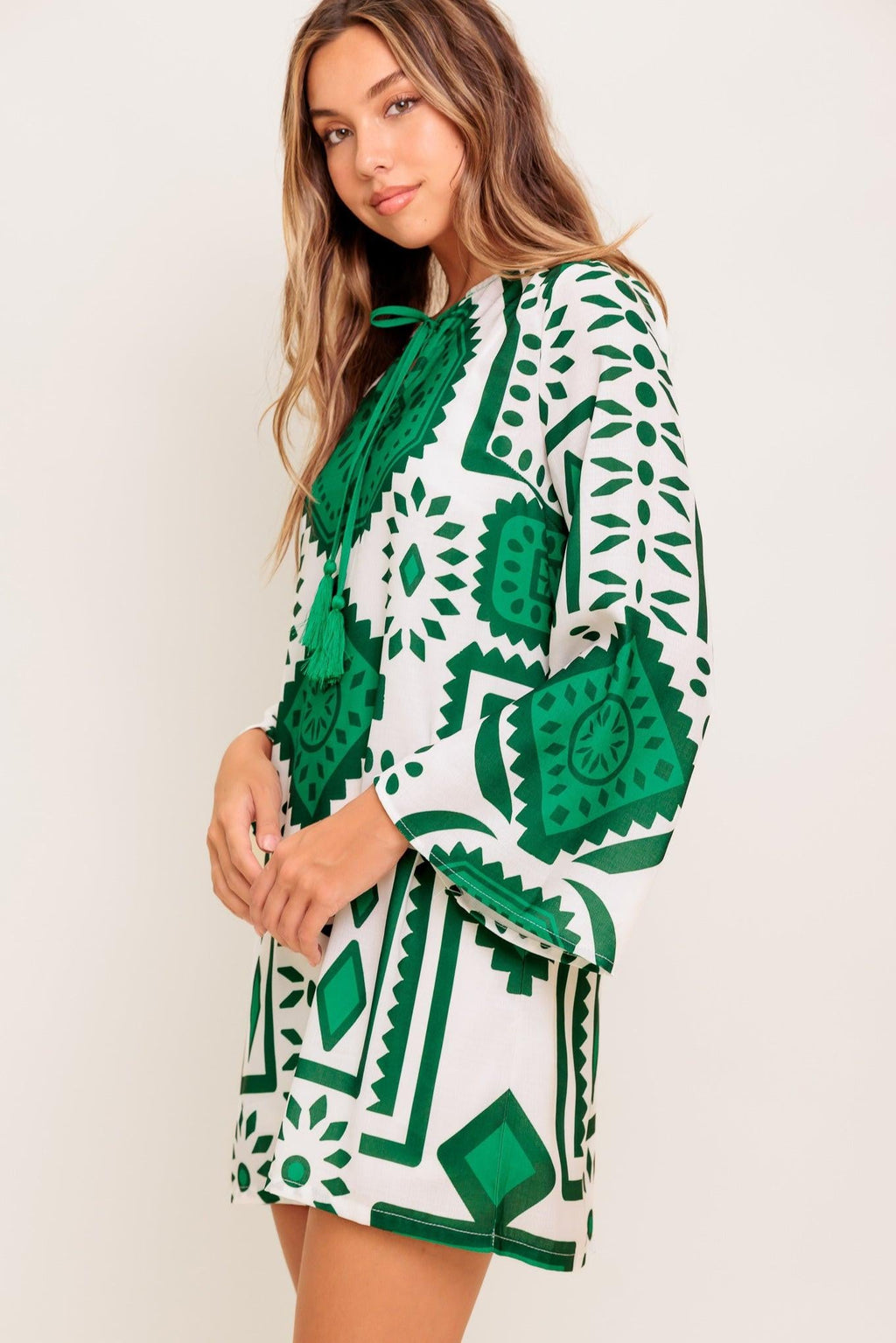 Women’s Printed Mini Dress – Round Neck Front Tie Bell Sleeve Tassel Dress