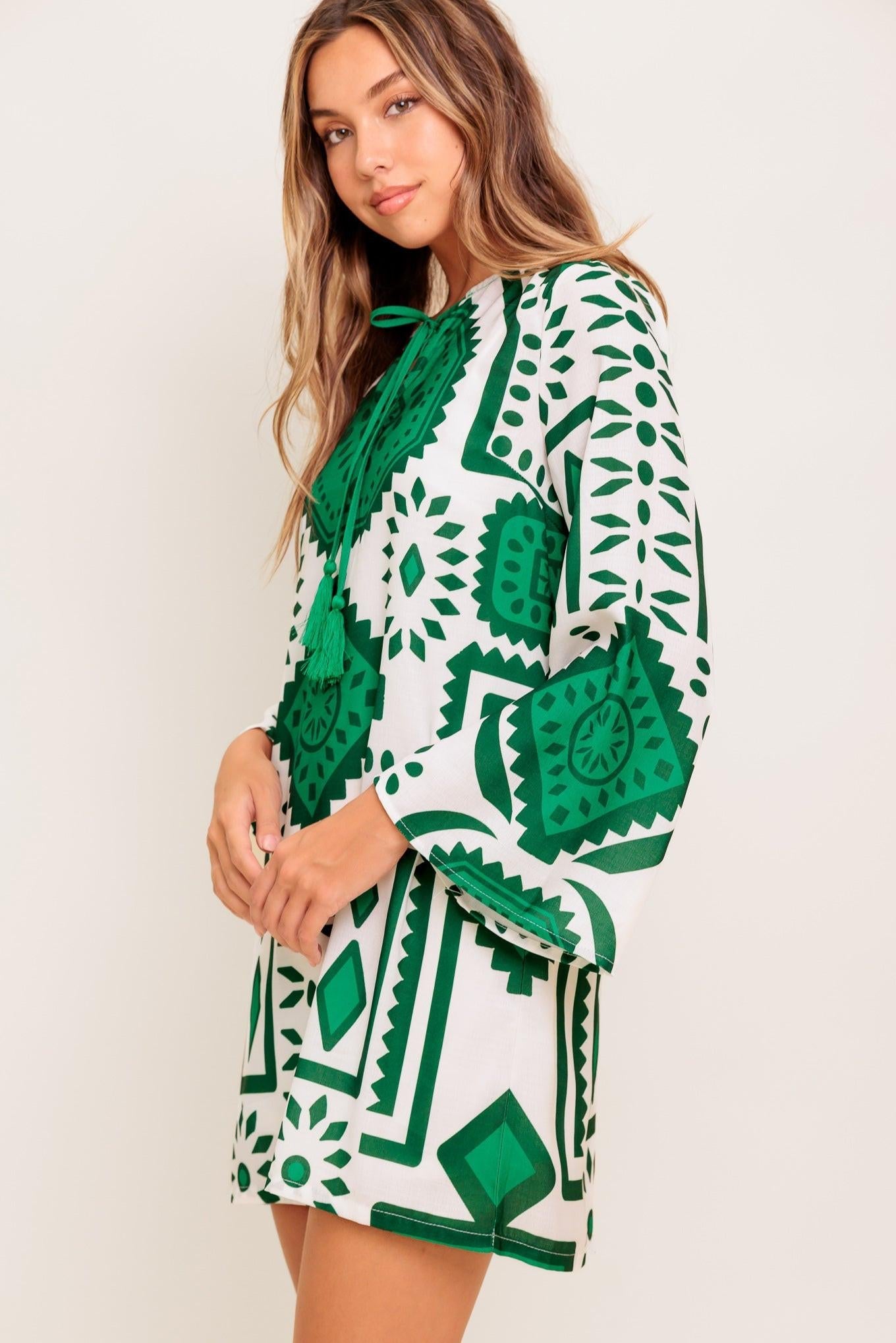Women’s Printed Mini Dress – Round Neck Front Tie Bell Sleeve Tassel Dress