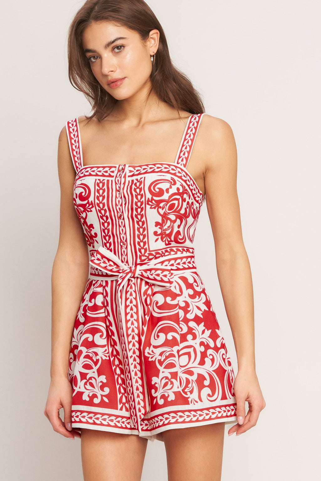 Printed Button-Down Woven Romper with Sash Tie