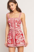 Printed Button-Down Woven Romper with Sash Tie
