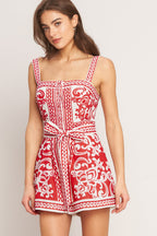 Printed Button-Down Woven Romper with Sash Tie