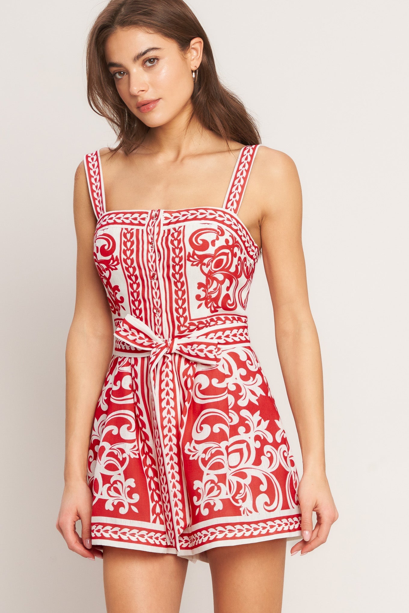 Printed Button-Down Woven Romper with Sash Tie