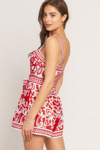 Printed Button-Down Woven Romper with Sash Tie
