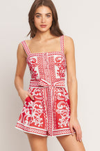 Printed Button-Down Woven Romper with Sash Tie