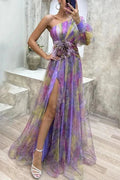 Fauna One-Shoulder Floral Print Split Maxi Dress – Flower Power Elegant Evening Gown | Bold Romantic Style
