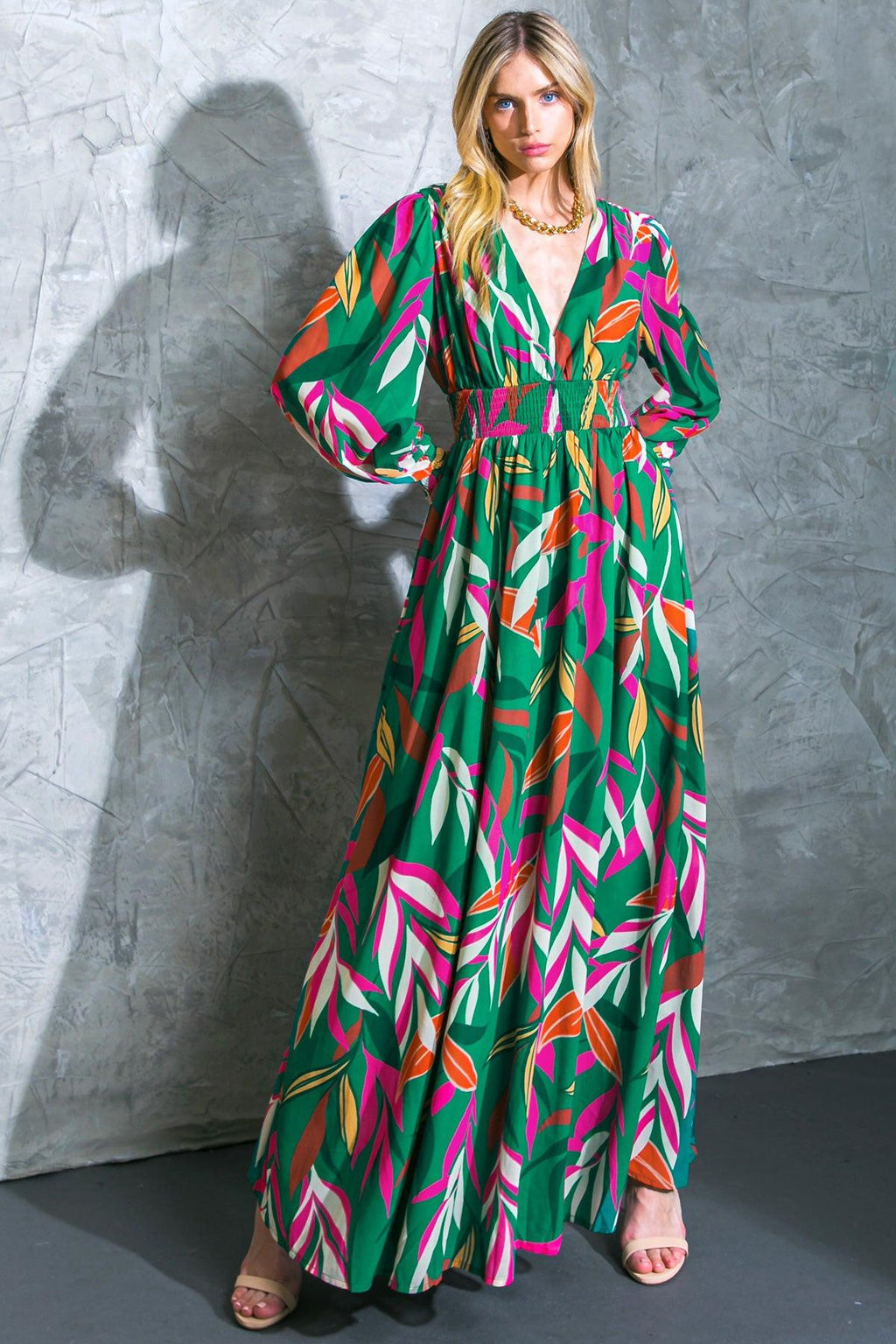 Women’s V-Neck Maxi Dress – Smocked Waist Peasant Sleeve Flowy Maxi Dress
