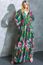 Women’s V-Neck Maxi Dress – Smocked Waist Peasant Sleeve Flowy Maxi Dress