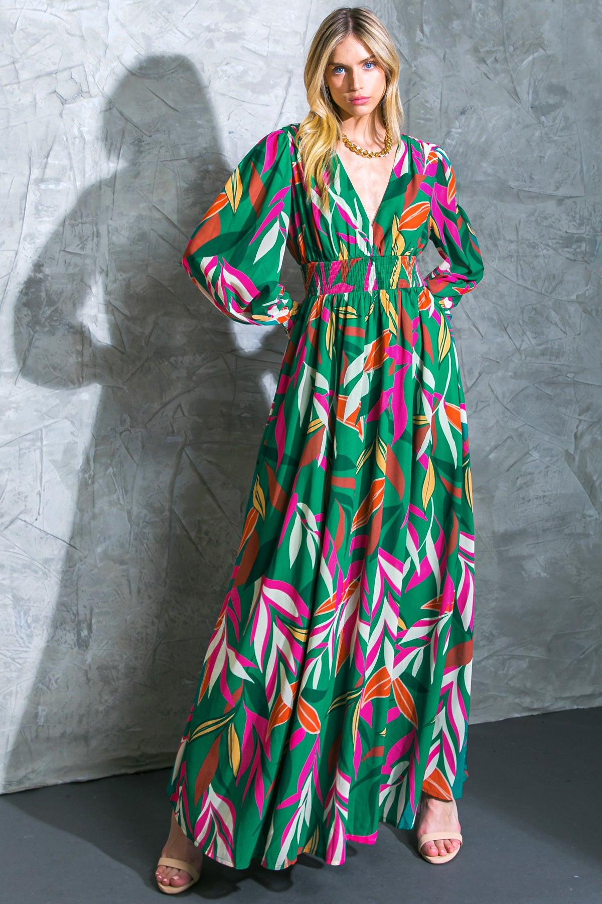 Women’s V-Neck Maxi Dress – Smocked Waist Peasant Sleeve Flowy Maxi Dress