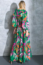 Women’s V-Neck Maxi Dress – Smocked Waist Peasant Sleeve Flowy Maxi Dress