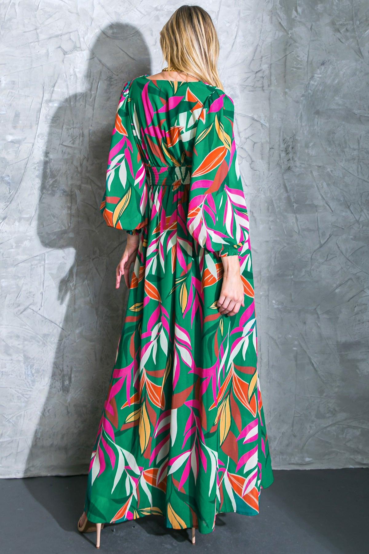 Women’s V-Neck Maxi Dress – Smocked Waist Peasant Sleeve Flowy Maxi Dress
