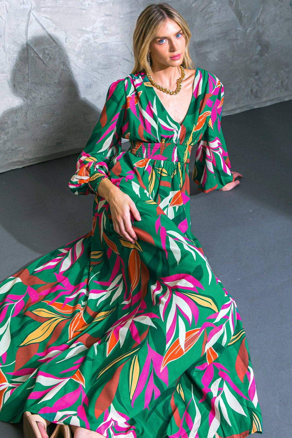Women’s V-Neck Maxi Dress – Smocked Waist Peasant Sleeve Flowy Maxi Dress