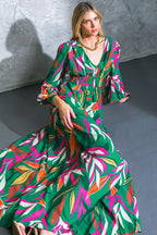 Women’s V-Neck Maxi Dress – Smocked Waist Peasant Sleeve Flowy Maxi Dress