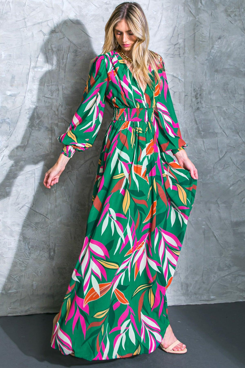 Women’s V-Neck Maxi Dress – Smocked Waist Peasant Sleeve Flowy Maxi Dress