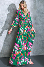 Women’s V-Neck Maxi Dress – Smocked Waist Peasant Sleeve Flowy Maxi Dress