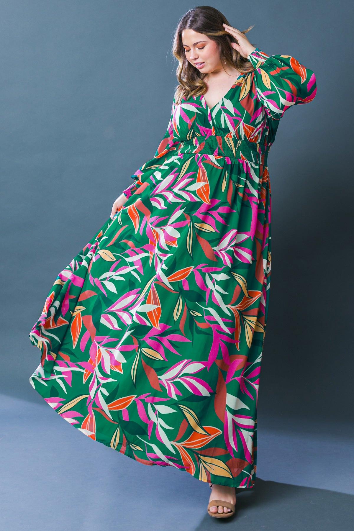 Women’s V-Neck Maxi Dress – Smocked Waist Peasant Sleeve Flowy Maxi Dress