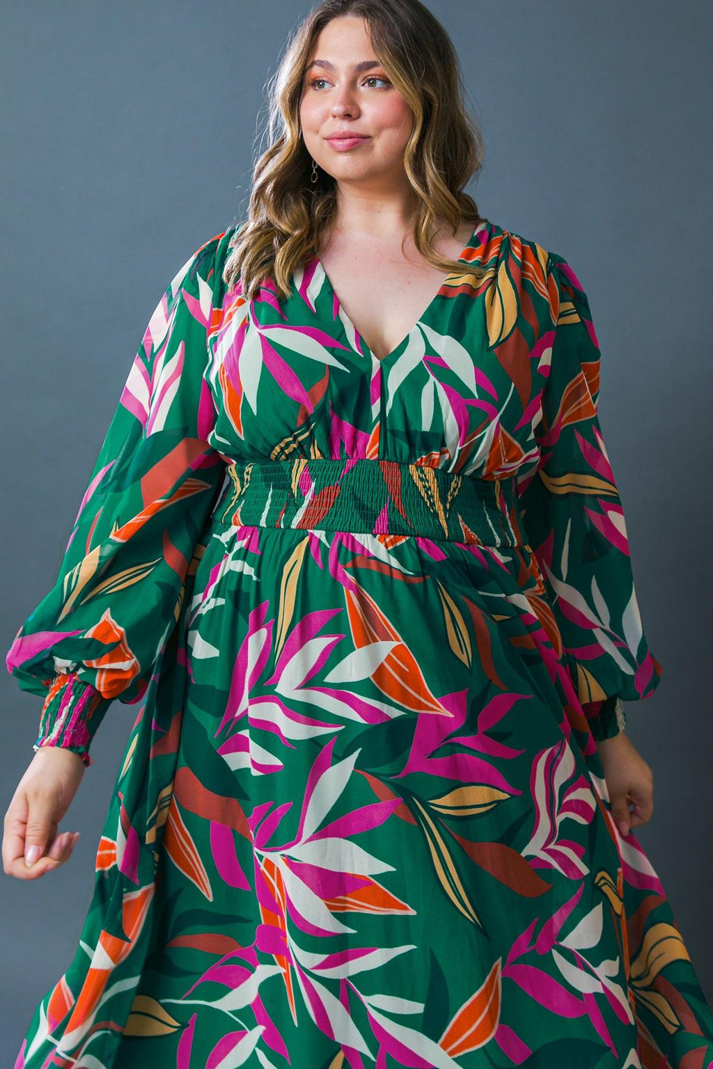 Women’s V-Neck Maxi Dress – Smocked Waist Peasant Sleeve Flowy Maxi Dress