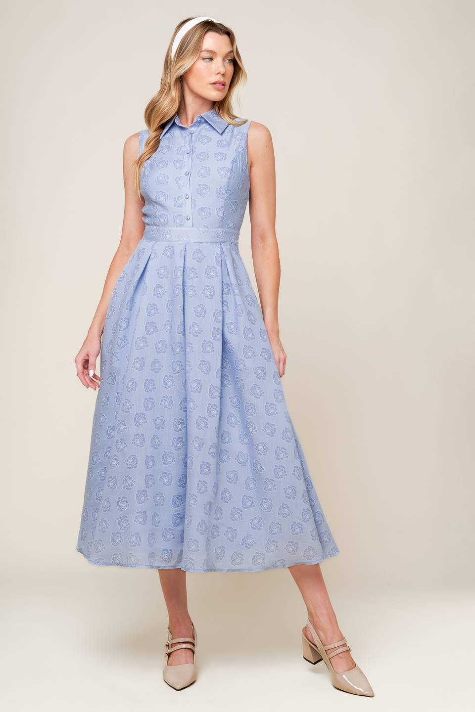 Slate Blue Collared Button-Down Woven Midi Dress