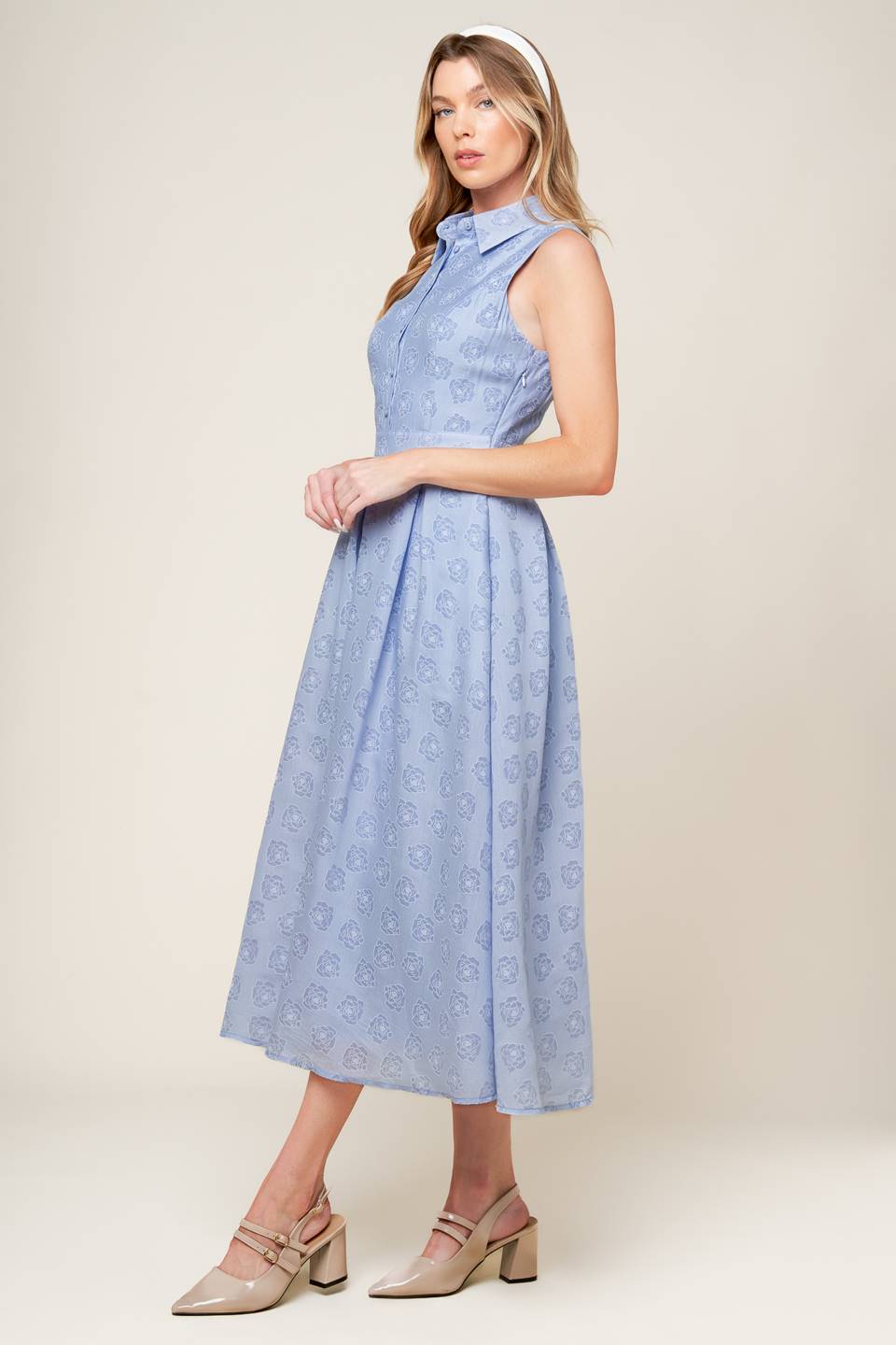 Slate Blue Collared Button-Down Woven Midi Dress