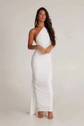 Stephany One-Shoulder Backless Dress – Striking Stretch Maxi Dress with Scarf Detail | Sophisticated Allure