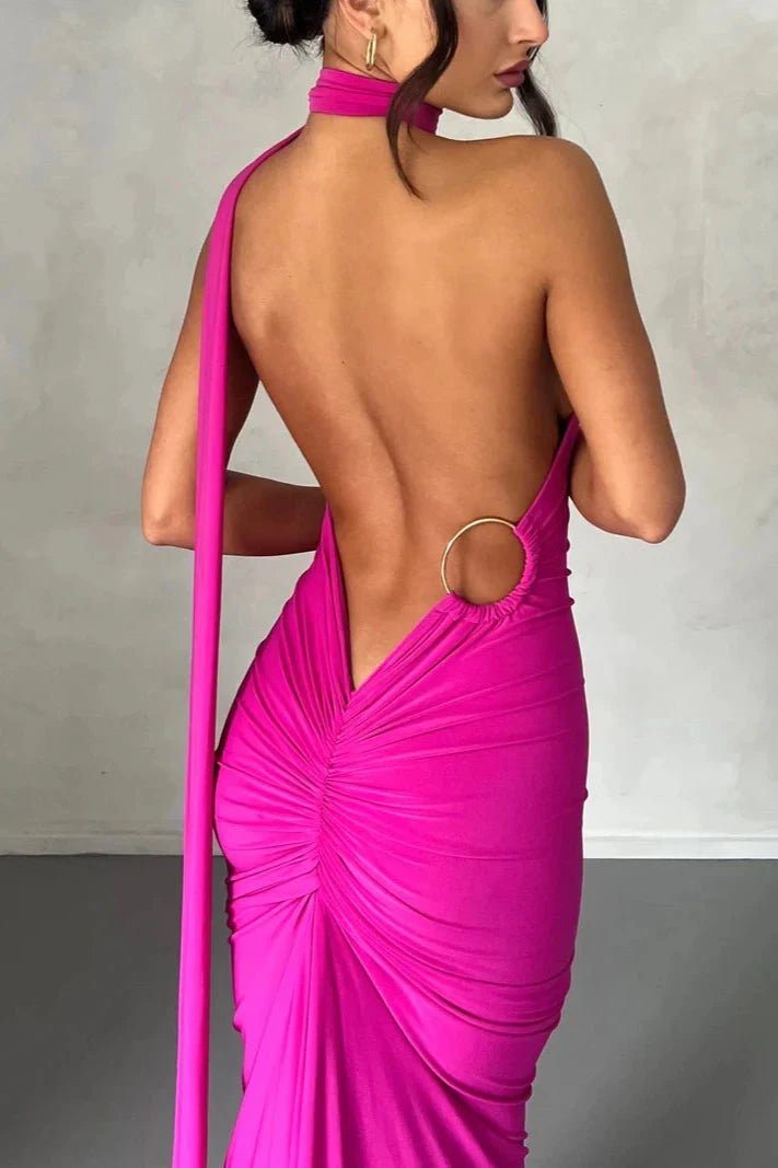 Stephany One-Shoulder Backless Dress – Striking Stretch Maxi Dress with Scarf Detail | Sophisticated Allure