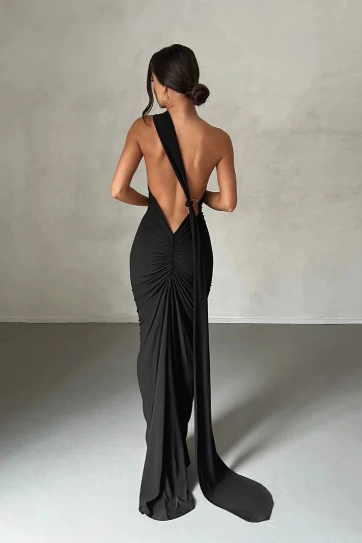 Stephany One-Shoulder Backless Dress – Striking Stretch Maxi Dress with Scarf Detail | Sophisticated Allure