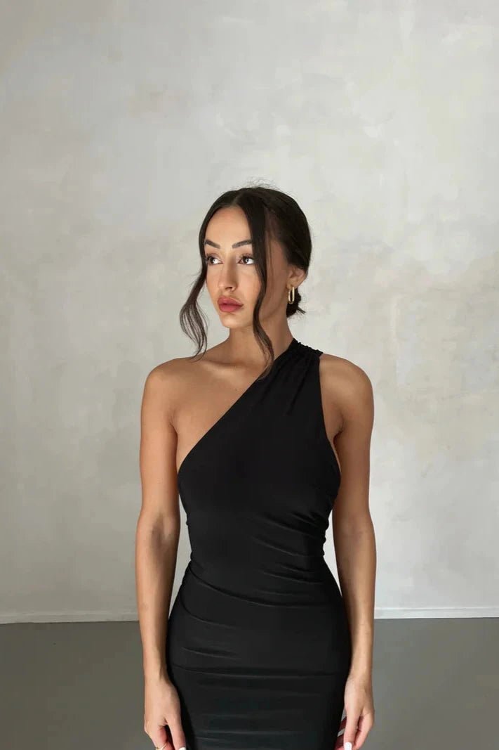 Stephany One-Shoulder Backless Dress – Striking Stretch Maxi Dress with Scarf Detail | Sophisticated Allure