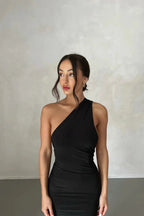 Stephany One-Shoulder Backless Dress – Striking Stretch Maxi Dress with Scarf Detail | Sophisticated Allure