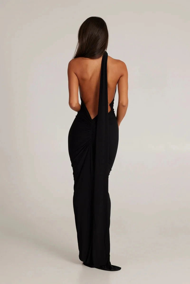 Stephany One-Shoulder Backless Dress – Striking Stretch Maxi Dress with Scarf Detail | Sophisticated Allure