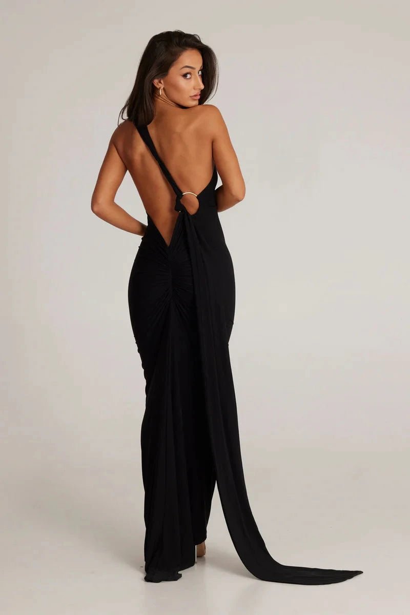 Stephany One-Shoulder Backless Dress – Striking Stretch Maxi Dress with Scarf Detail | Sophisticated Allure