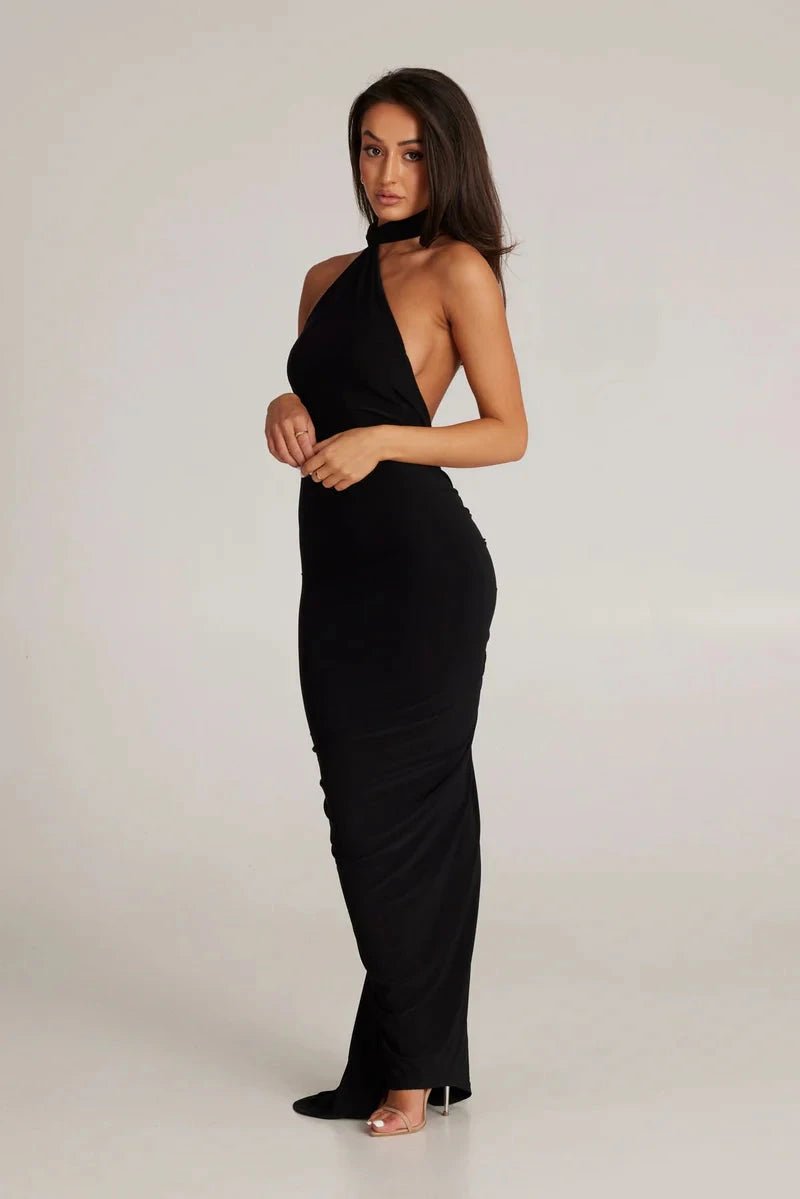 Stephany One-Shoulder Backless Dress – Striking Stretch Maxi Dress with Scarf Detail | Sophisticated Allure