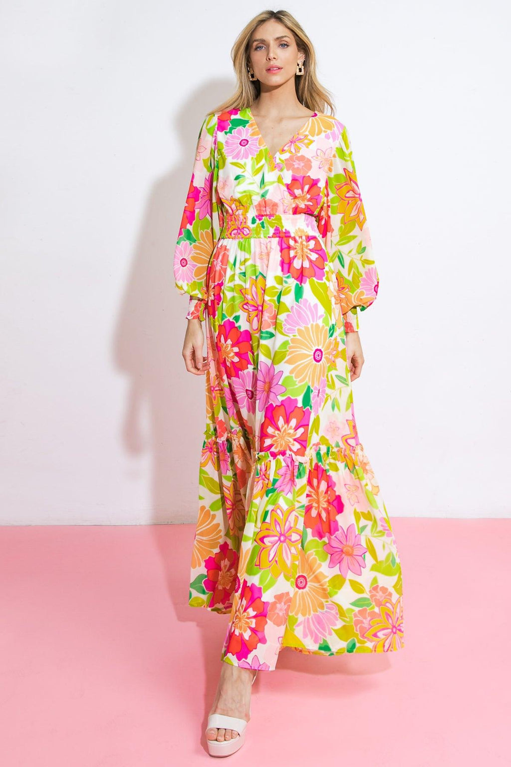 Women’s Printed Surplice Maxi Dress – Smocked Waist Long Sleeve Ruffle Hem Dress