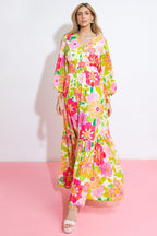 Women’s Printed Surplice Maxi Dress – Smocked Waist Long Sleeve Ruffle Hem Dress
