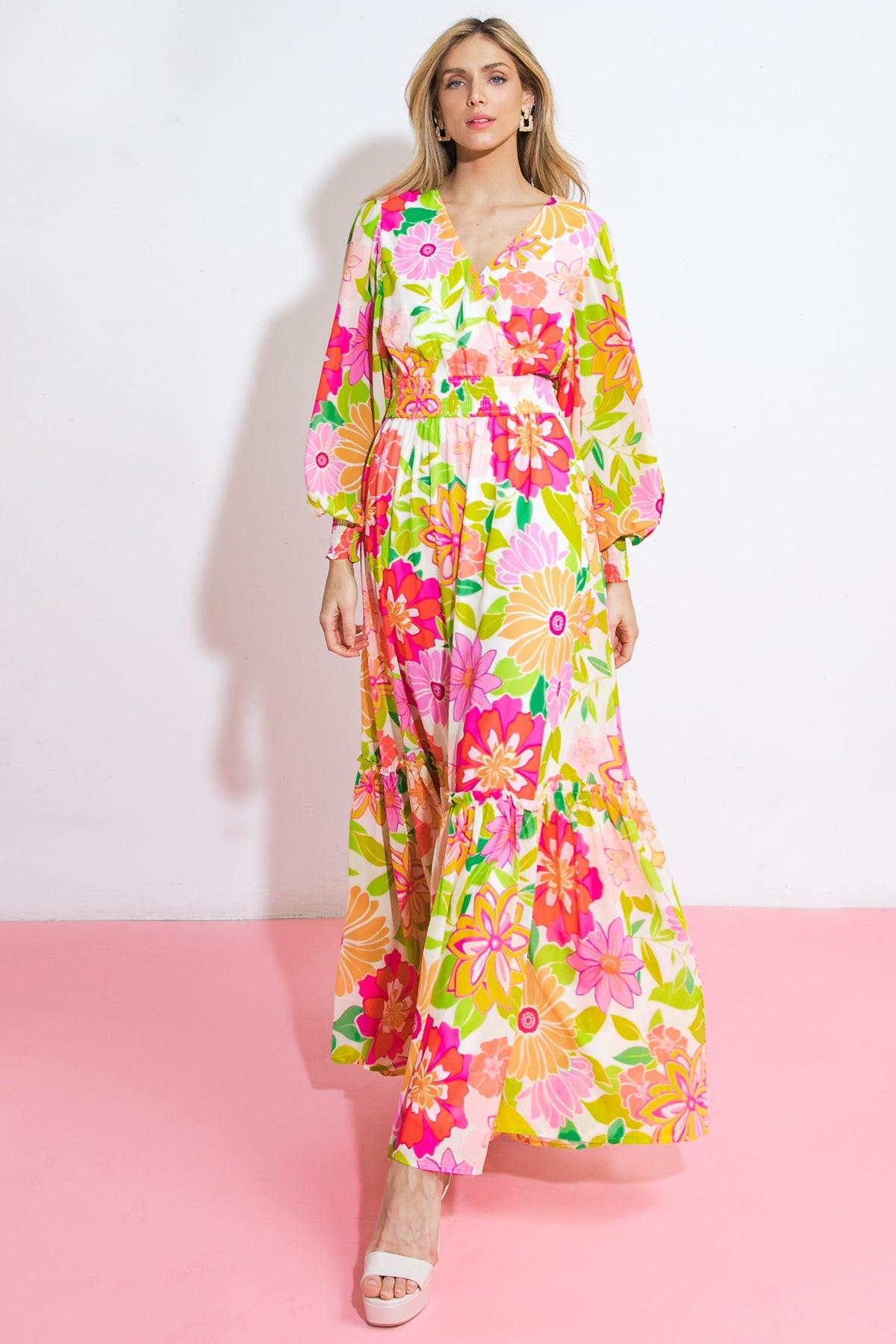 Women’s Printed Surplice Maxi Dress – Smocked Waist Long Sleeve Ruffle Hem Dress