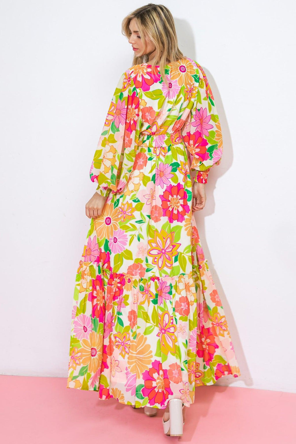 Women’s Printed Surplice Maxi Dress – Smocked Waist Long Sleeve Ruffle Hem Dress