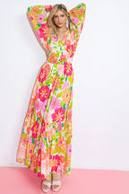 Women’s Printed Surplice Maxi Dress – Smocked Waist Long Sleeve Ruffle Hem Dress