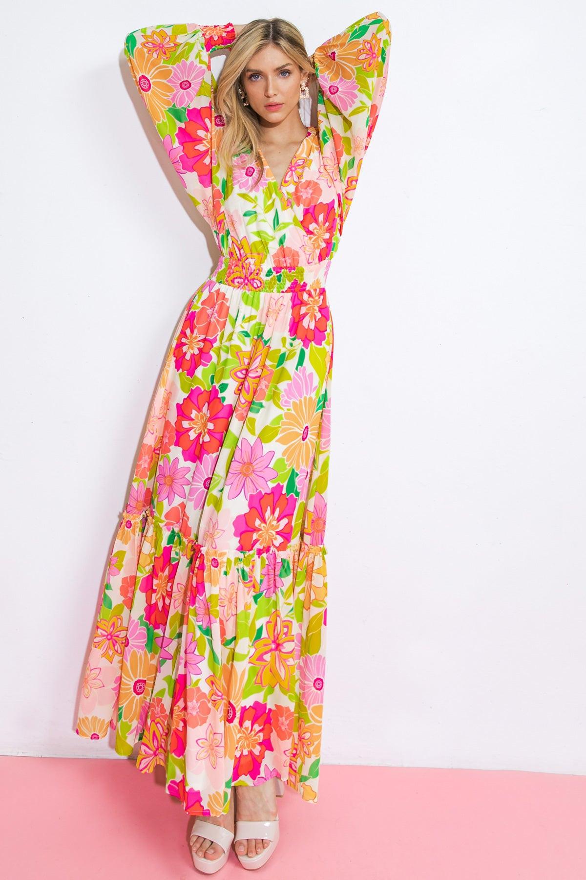 Women’s Printed Surplice Maxi Dress – Smocked Waist Long Sleeve Ruffle Hem Dress